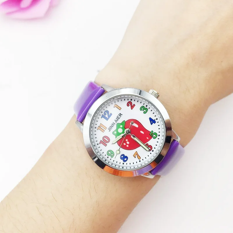hot fashion cartoon watch for kids jelly leather strap girl's quartz watch boy students clock Strawberry pattern drop shipping wholesale colorful number (36)