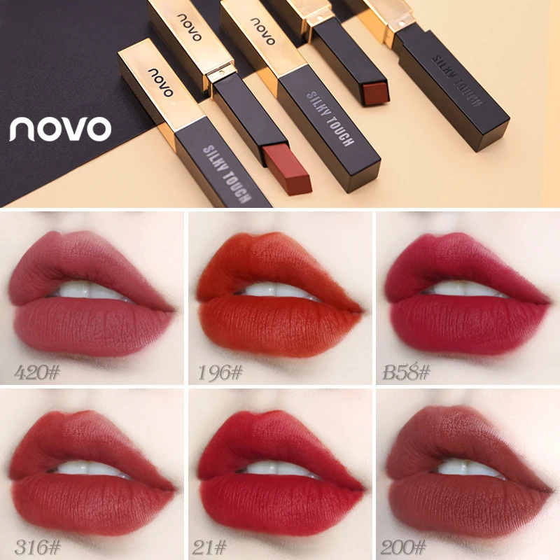 

NOVOLipstick Square Tube Cometic Fog Fluffy Tube Small Gold Strip Red Parity Matte Lipstick Waterproof Lasting Moisturzing TSLM1