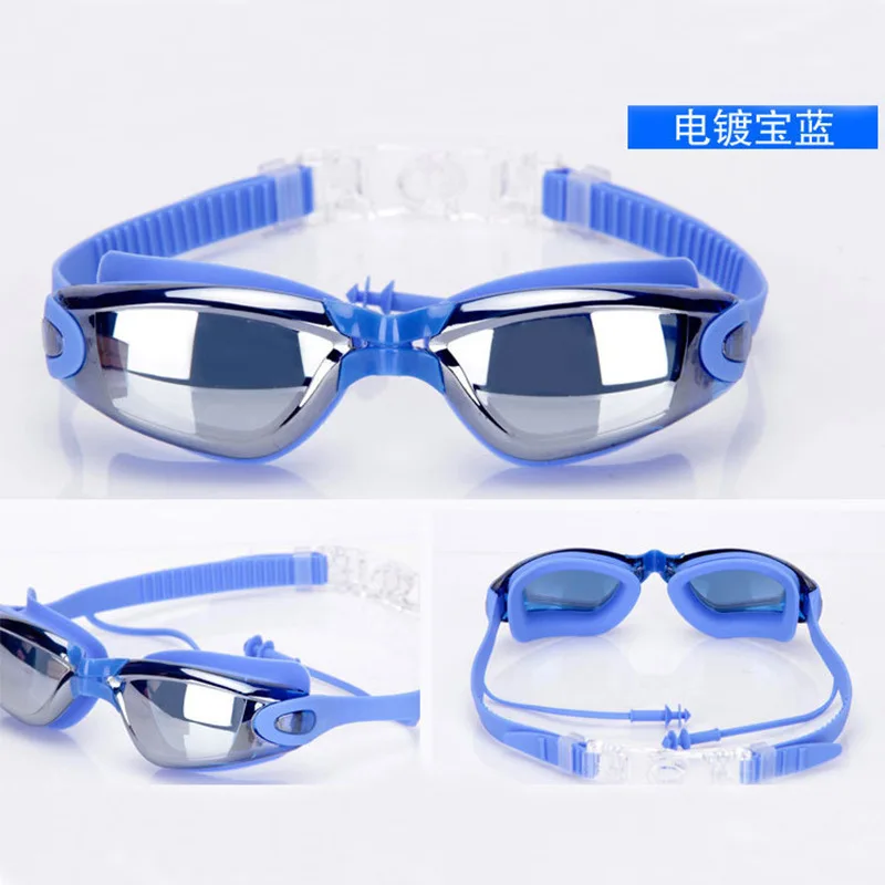 

New Style One-piece Earplug Electroplating Goggles Anti-fog UV-Protection Adult Swimming Glasses