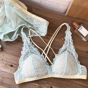 

Wriufred Colorblock lace underwear without steel ring comfortable bra set thin cross beautiful back sexy deep V lingerie panties