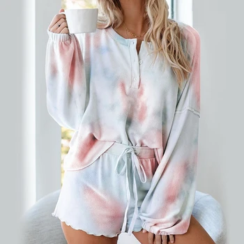 

Womens Tie Dye Printed Ruffle Short Pajamas Set Long Sleeve Tops and Shorts PJ Set Loungewear Nightwear Sleepwear plus size
