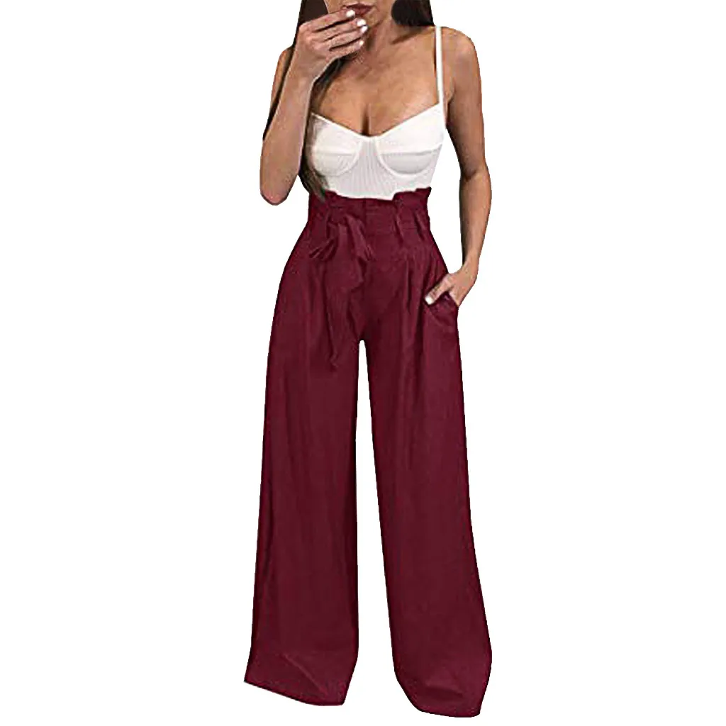 Брюки 2019Top женские с высокой талией чистый цвет широкие брюки юбка-брюки повседневные брюки