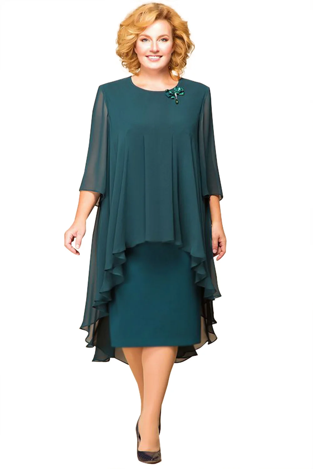 Xunbei вечернее платье размера плюс короткое Зеленое Шифоновое официальное платье элегантное платье с коротким рукавом - Цвет: Deep Green