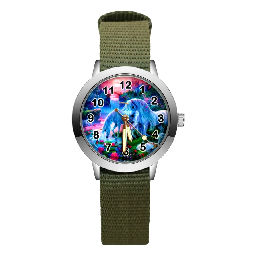 Army green Милые детские часы с рисунком единорога, лошади, Детские кварцевые нейлоновые наручные часы для мальчиков и девочек, JA168 - Цвет: Army green