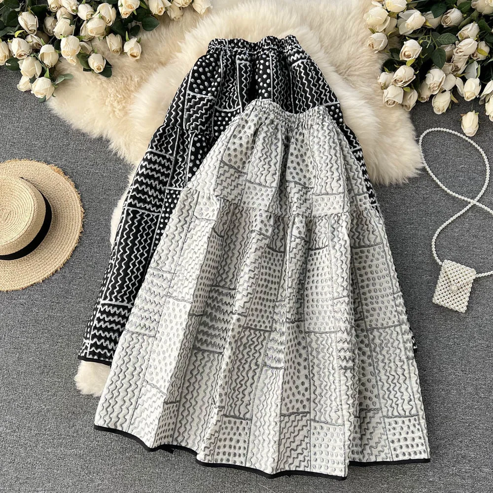 black pencil skirt [EWQ] Fashion Spring 2022 Striped Jacquard Design Women New High Waist Fold Mid-calf A-line Bubble Skirt Female Tide 16R1486 long skirts