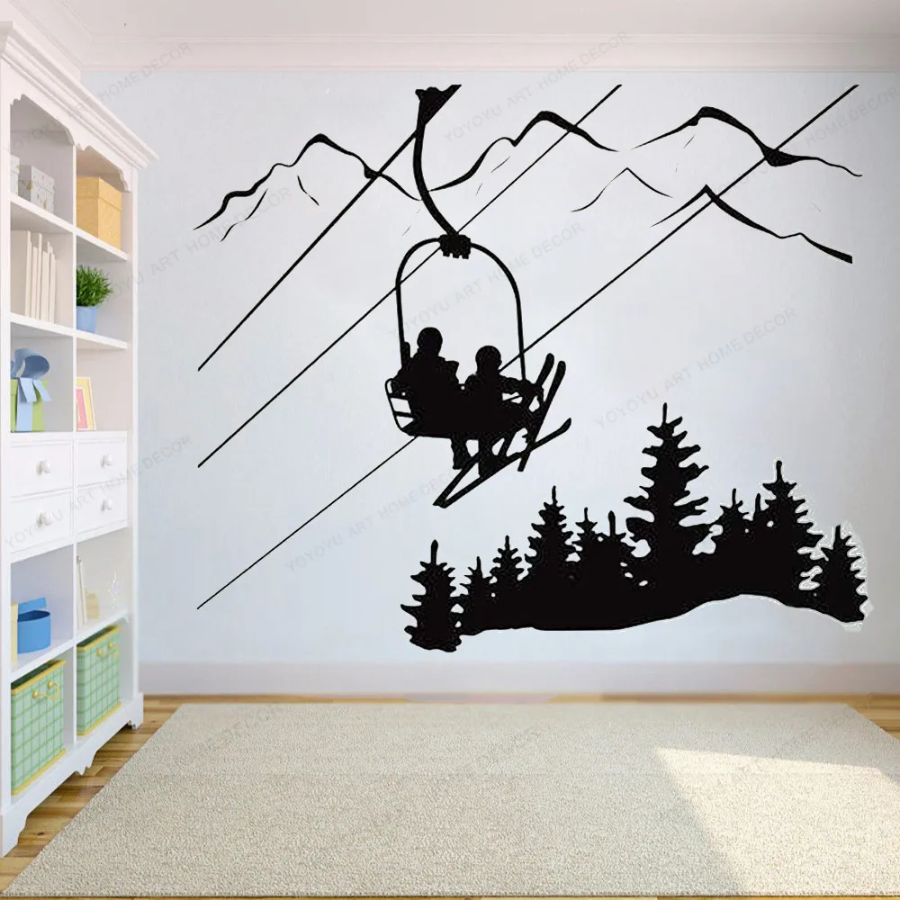 

Skiing Wall sticker Ski Lift Chair Mountain Pine Tree wall decal Winter Sports Wall decor Downhill art mural HJ1083