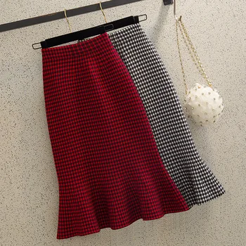 

Autumn Winter Knitted Woolen Plaid Mermaid Skirt 2020 Woman High Waist A-line Long Skirts Slim Bag Hip Maxi Skirt Female