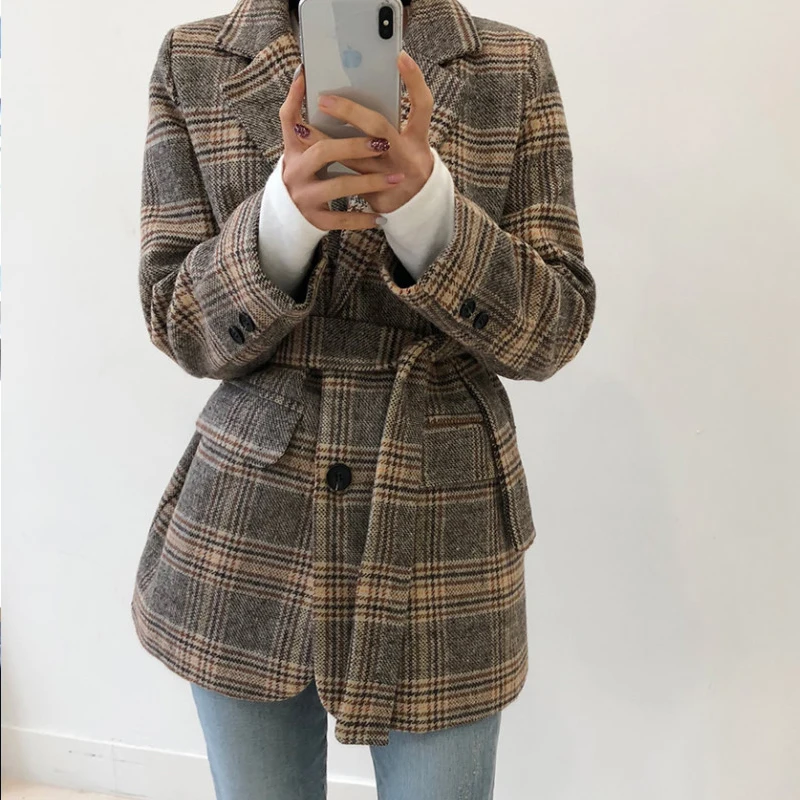 Cena Jesień w stylu Vintage Plaid kobiety Blazer płaszcze Casual pojedyncze guziki Sashes kobieta Blazers moda zima z długim rękawem panie Blazers