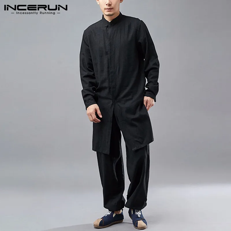 Shirts INCERUN Casual-Pants Men-Sets Streetwear Chinese-Style 2pieces Solid Retro Cotton