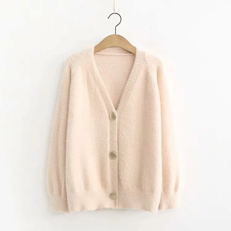 Loose Cardigan Sweater Women Gold Buckle Knitted Jacket Coat Solid Color V Neck Cardigan Autumn Winter Women Clothes