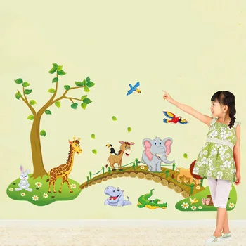 

3D Cartoon Wall Stickers Jungle wild animal tree bridge lion Giraffe elephant birds flowers for kids room living room home decor