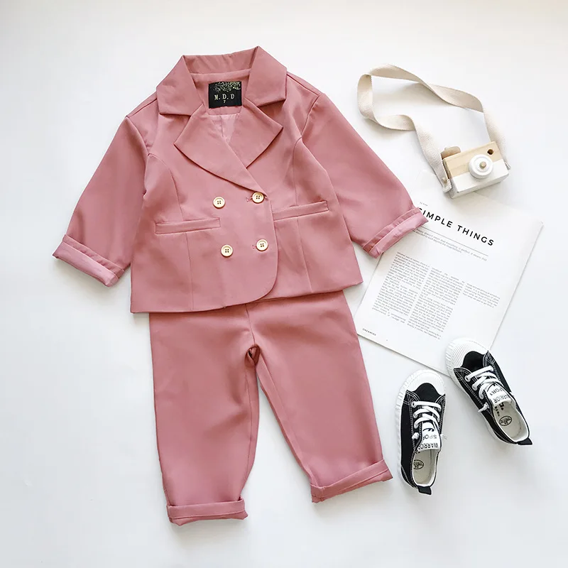 Костюм для девочек; Новинка года; детский модный костюм в Корейском стиле; комплект из 2 предметов: пальто+ штаны