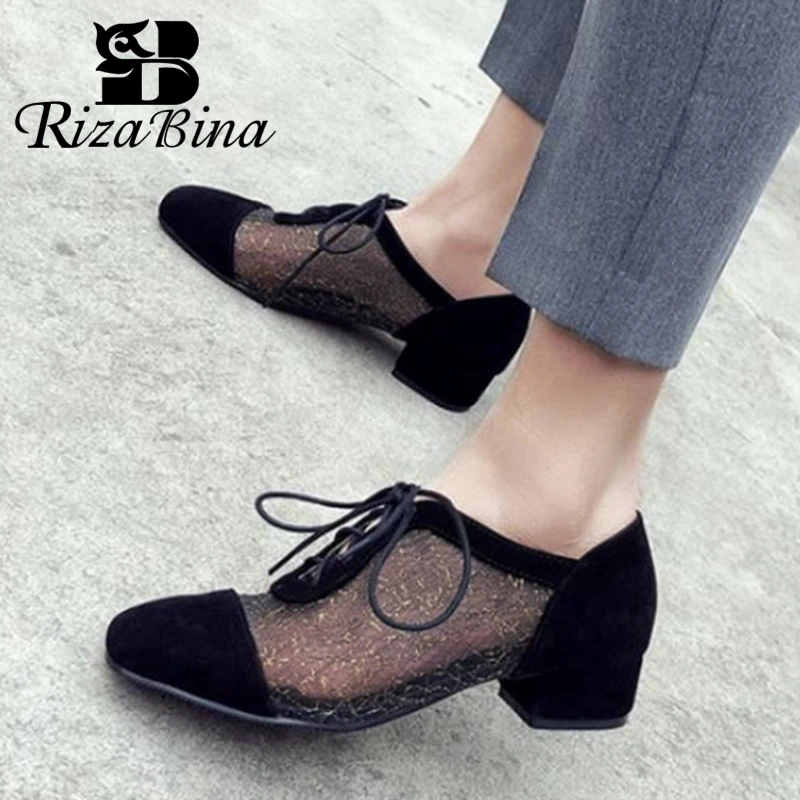 

RIZABINA 2020 Women Pumps Square Toe Lace Up Patchwork Suede Leather Mesh Low Heel Elegant Shoes Female Footwear Size 32-43