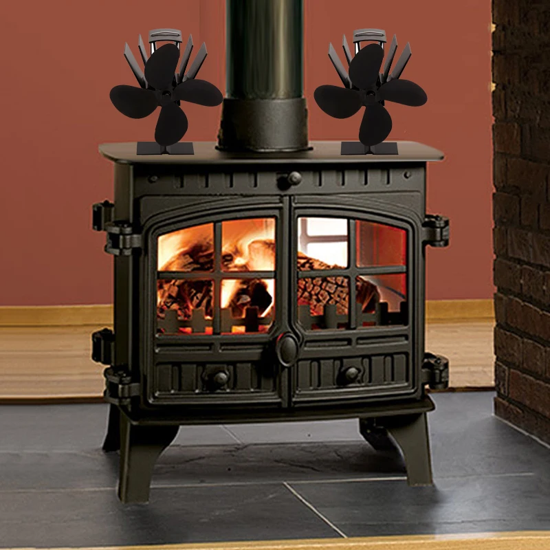 Black Fireplace 4 Blade Heat Powered Stove Fan Log Wood Burner Eco Friendly Quiet Fan Home Efficient Heat Distribution