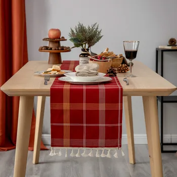

DUNXDECO Table Runner Party Long Table Cover Fabric Modern Simple Claccial Red Check Home Store Kitchen Decorating Textile