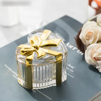 

Glass Bow Jewelry Storage Box Simple Clear Candy Storage Jar Modern Style Polishing Craft Home Decoration Jewelry Storage Box