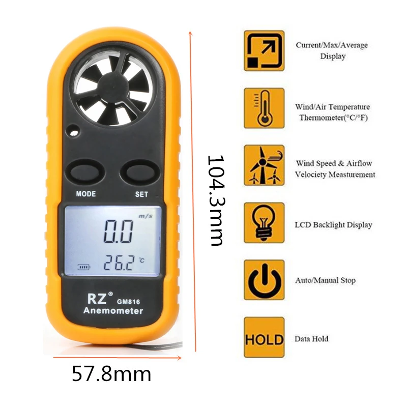 GM816 Anemometer Wind Speed Mini Air Velocity Airflow Temperature with Digital Anemometro LCD Backlight Wind Speed Meter 0-30m/S tree height measurement tool