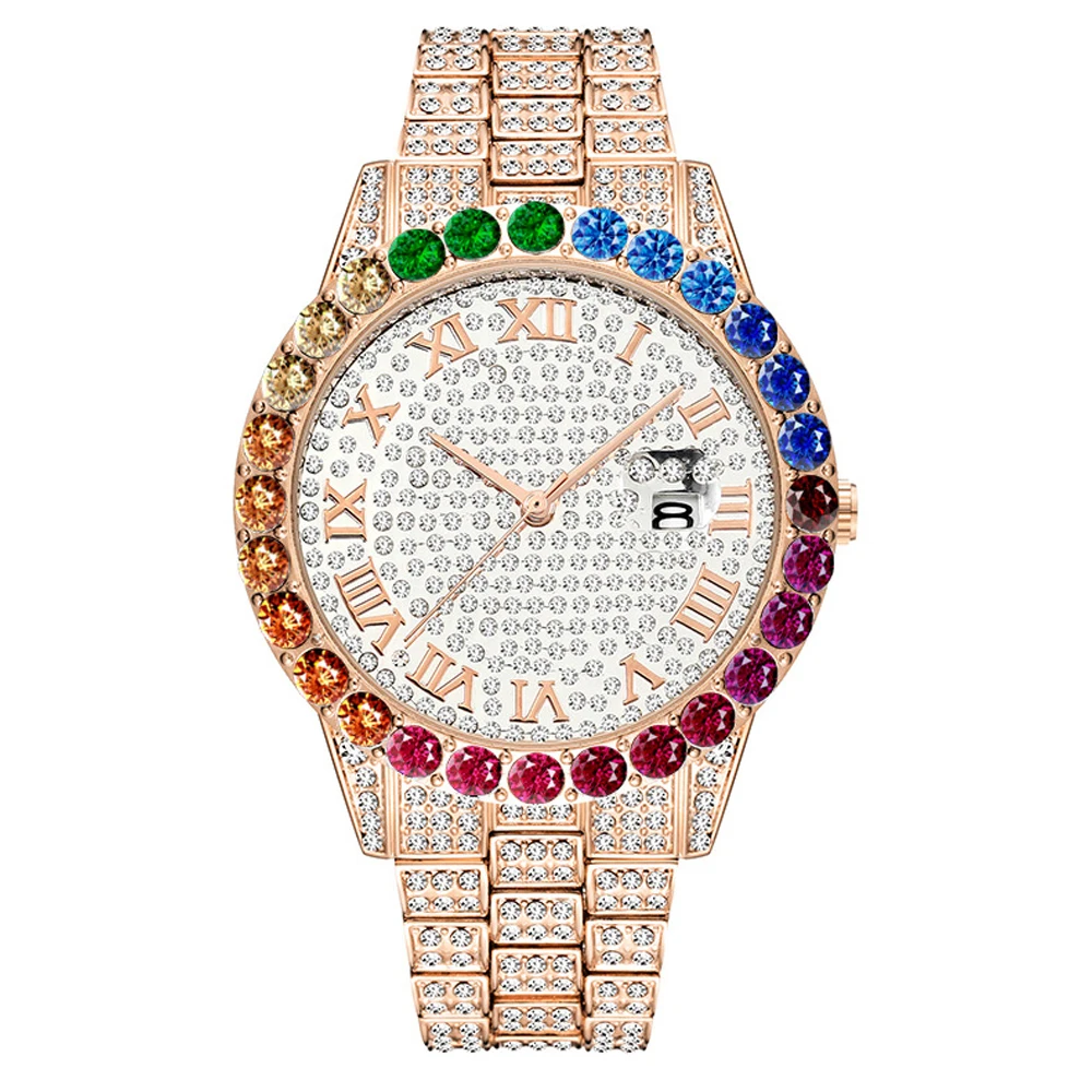 hip hop iced out Men's Watches Top Brand Luxury 18k Golden Quartz Watch Men Calendar Men's Waterproof Analog Fashion full Diamond Clock  (14)