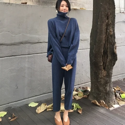 blue New arrival Autumn winter Knitted Tracksuit Turtleneck Sweatshirts for Women Suit Clothing 2 Pcs Set Knit top Pants suit Female - Цвет: blue