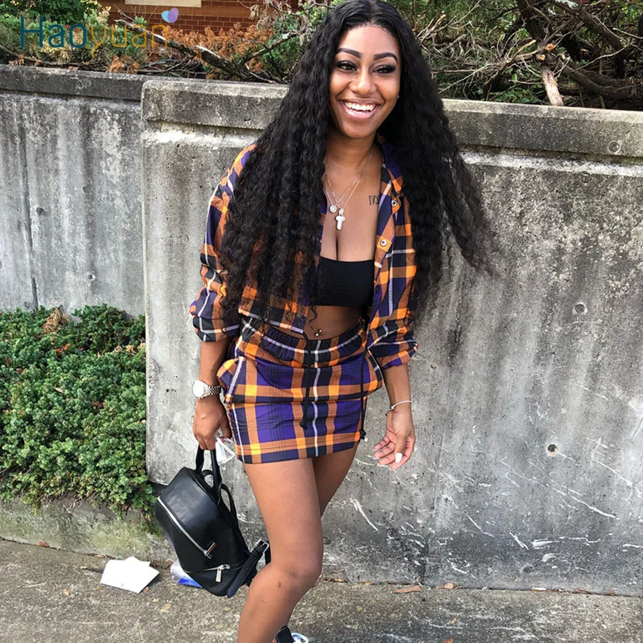 

HAOYUAN Sexy Plaid Two Piece Set Women Outfits Jacket and Mini Skirt 2020 Fashion Festival Clother Casual Dress Matching Sets