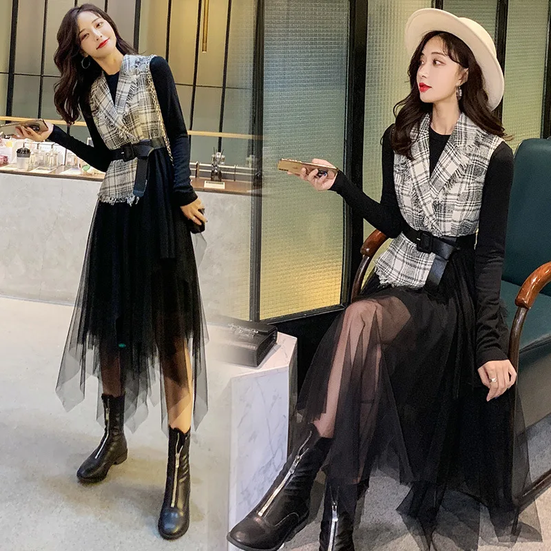 

Graceful Black And White with Pattern Dress Children 2019 New Style Autumn Fashion Woolen Comfortable Mesh Skirt Two-Piece Set W