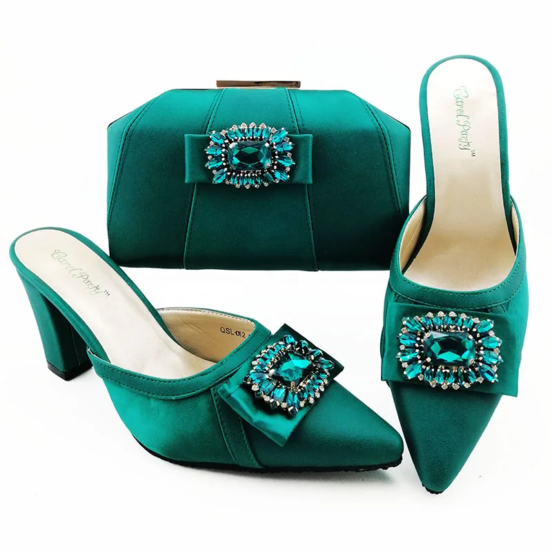 

Teal green slippers middle heel 3.5 inches shoes with matching clutches bag size 38 to 43 SB8425-5