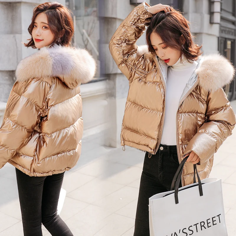 

Women's Winter Down Jacket Reflective and Puffer Real Fur Coat Female Streetwear 2019 Oversized Warm Parka Plus Size Outerwear