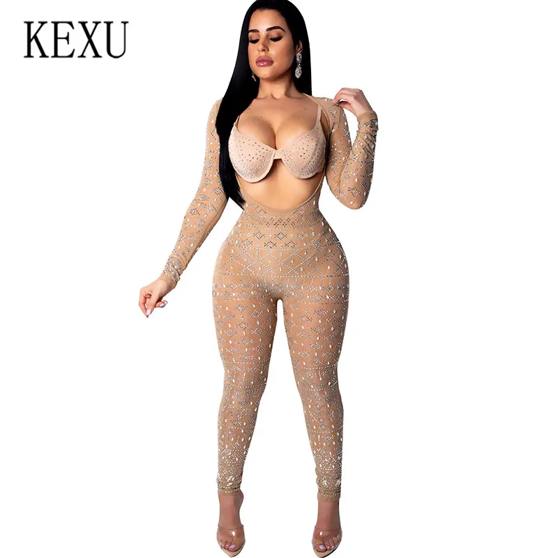 

KEXU Sexy Sheer Mesh Sequin Jumpsuits Bright Diamond Open Back Open Chest Long Sleeves on Both Sides Wearing Romper Overalls