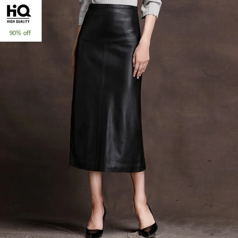 

Elegant Genuine Leather Skirts Womens 2020 Spring OL Sheepskin Mid-Calf A-Line Skirt Plus Size 3XL Luxury Zipper Black Skirt