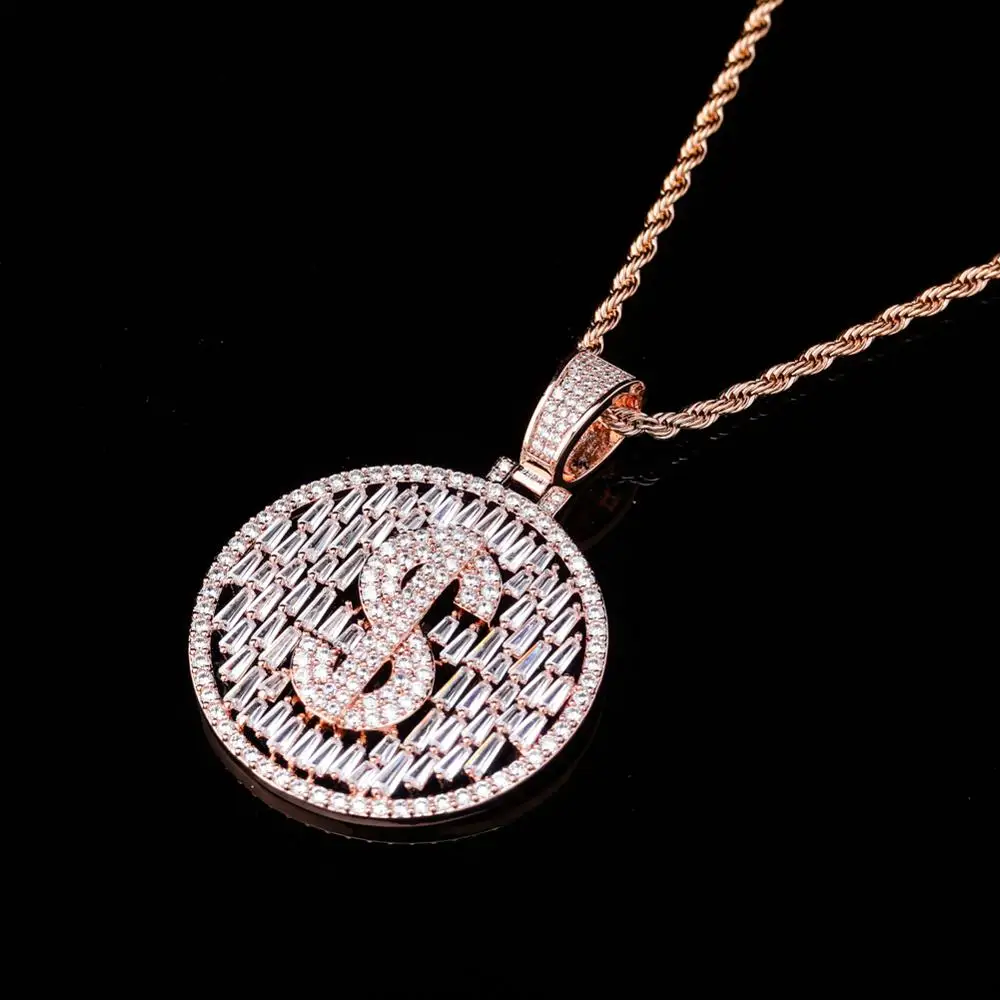 JINAO ледяной диск доллар ожерелье и кулон с 4 мм теннисная цепь AAA кубический циркон для мужчин и женщин хип хоп ювелирные изделия - Окраска металла: Rose gold