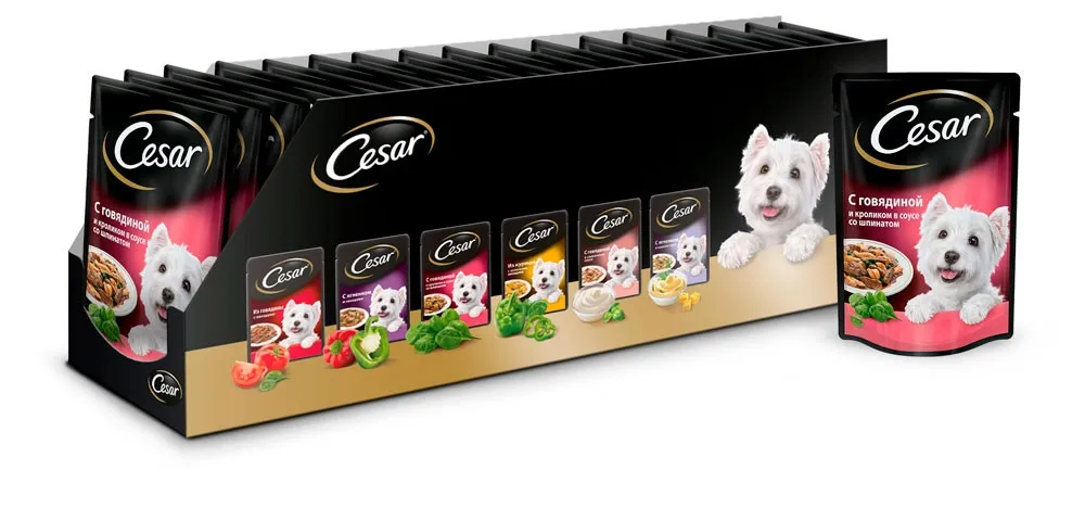 Влажный корм Cesar для взрослых собак, говядина и кролик в соусе со шпинатом, 100г(24 шт