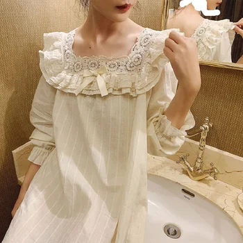 

Maternity Spring Autumn Vintage Cotton Women's Long Nightgowns Princess Lace Embroidery Sleepwear Elegant Female Night Dress