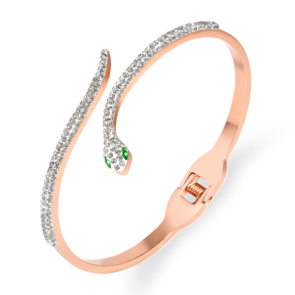 Snake Green Eyes Bangles & Bracelets CZ Full Crystal Summer Clasp Stainless Steel Bracelet For Women Jewelry Accessories