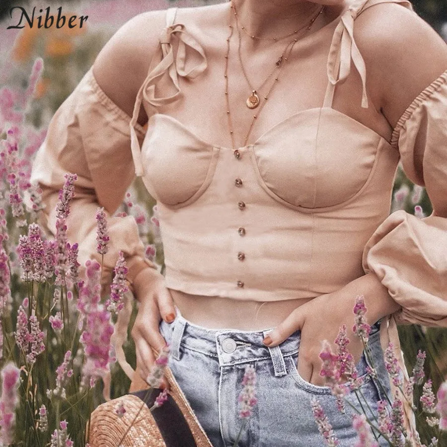 Nibber французский романтичный короткий топ с открытыми плечами женские 2019осенний пляжный отдых, досуг тонкая футболка элегантная Кружевная футболка mujer