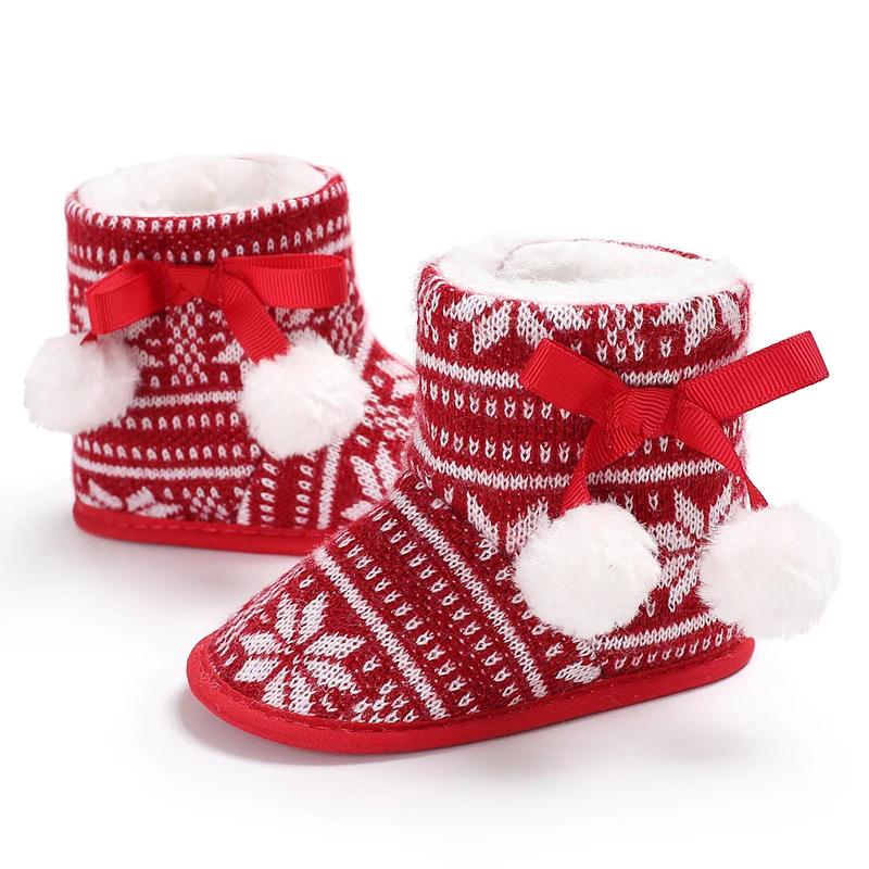 Рождественская обувь для новорожденных и маленьких девочек 0-18 месяцев; зимние теплые ботинки с цветочным рисунком; элегантные милые рождественские вечерние ботинки с мягкой подошвой