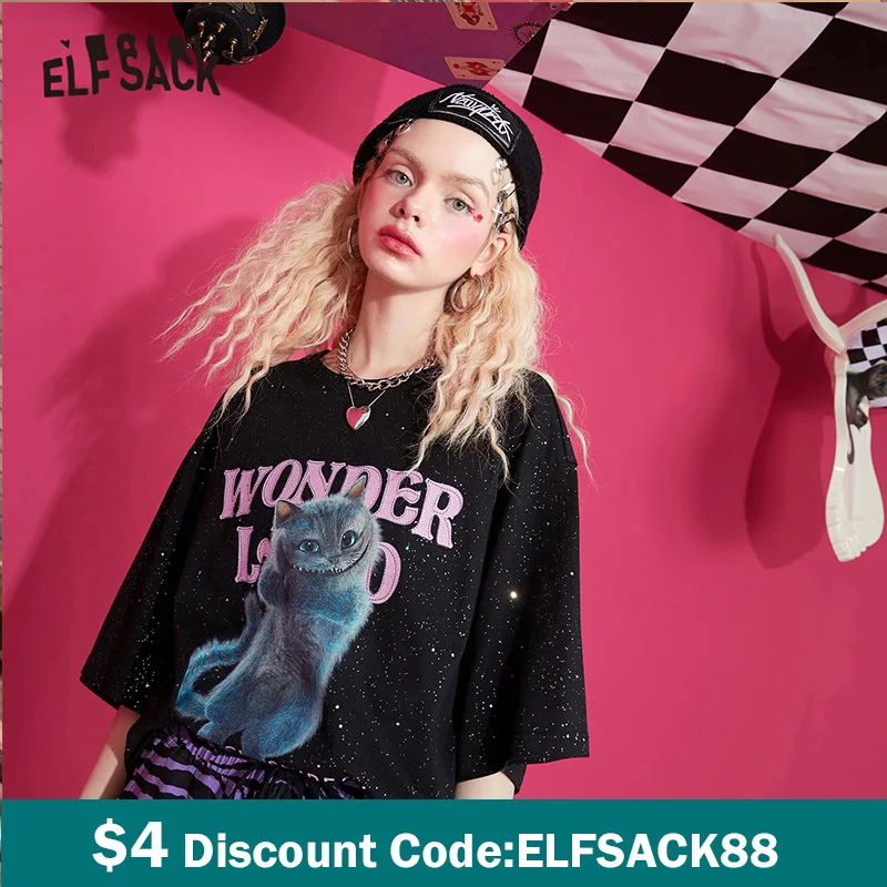 ELFSACK Harajuku Cat Print Casual T-Shirts Women,2021 Spring ELF Vintage Short Sleeve Female Basic Daily Graphic Tops