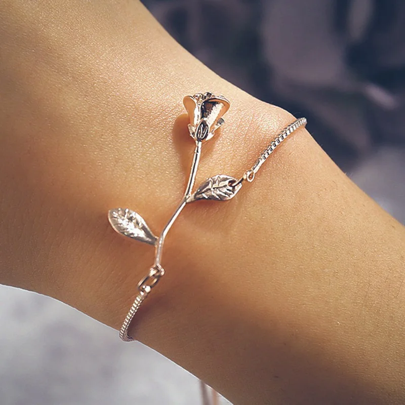 Fashion Rose Flower Charm Bracelet For Women Girl Bracelet & Bangle Adjustable Pulseras Mujer Wedding Bridal Jewelry