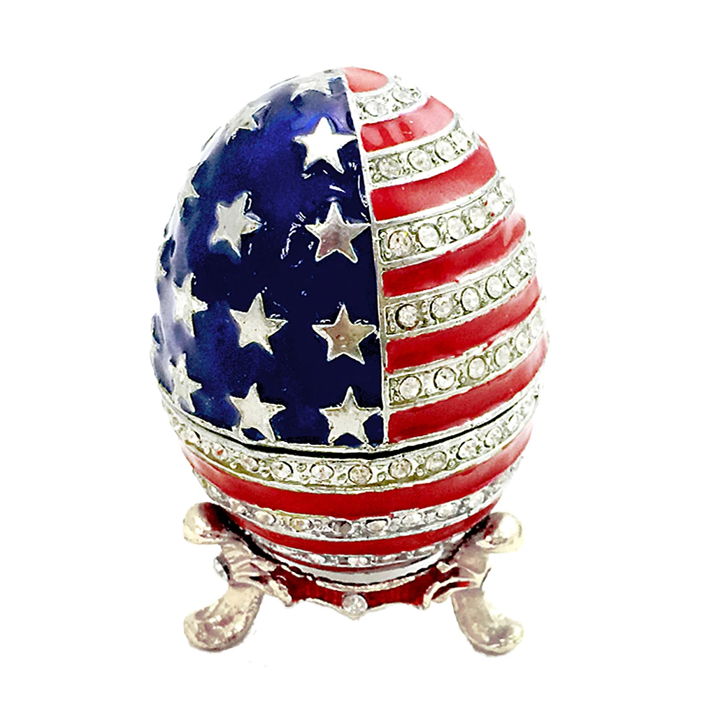 Vintage Crystaled American Flag Colored Enamel Egg Trinket Jewelry Storage Box Organizer