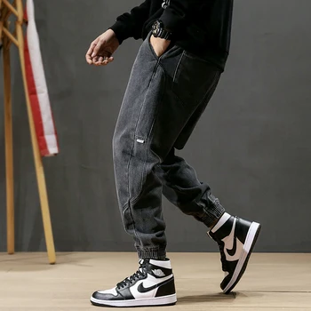 

Fashion Streetwear Men Jeans Loose Fit Black Gray Color Spliced Designer Harem Jeans Homme Slack Bottom Hip Hop Jogger Jeans Men