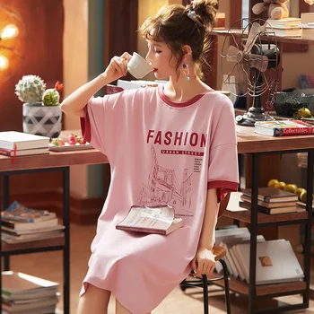 

Nightdress Women'S Summer Short-Sleeved 100% Cotton Thin Section Korean Sweet Loose Pijamas Nightgown Can Wear Home Clothes