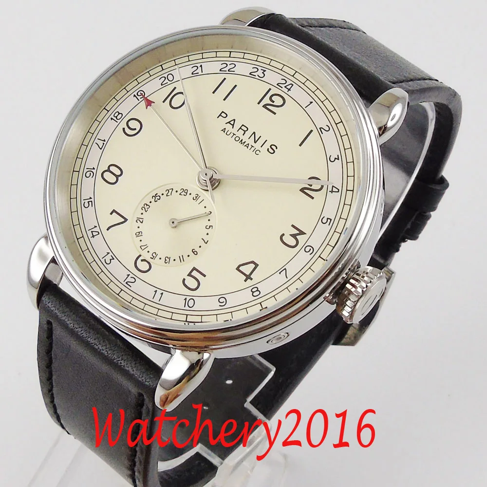 

Мужские автоматические механические часы PARNIS 42 мм GMT Серебряный чехол Арабская марка Дата Окно кожаный ремешок для отдыха