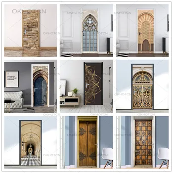 

Retro Church 3D Wallpaper Door Sticker Home Design Door Decoration Poster Waterproof Self-Adhesive European Archway Mural Decals