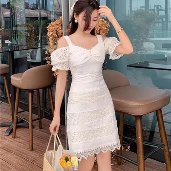 

Summer new fashion hollow lace suspender skirt hook shoulder irregular irregular white sweet dress