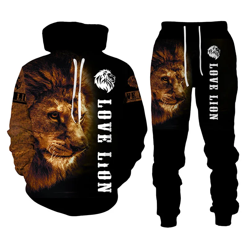 2021 The Lion King Autumn Winter 3D Printed Hooded Sweater Set Men's Sportswear Tracksuit Long Sleeve Clothing Suit | Мужская одежда