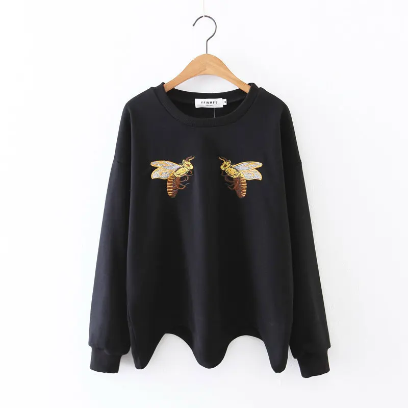 

Spring Autumn 2019 Women's New Simple Fashion Embroidery Bee Cotton Hoodie Kawaii Sweatshirt Kpop Clothes