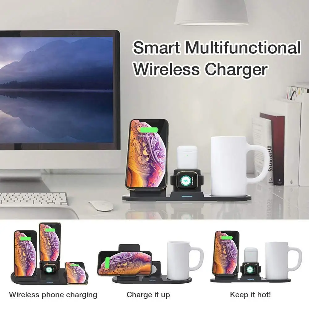  Mug Warmer 15W Qi Wireless Charger 4 in 1 Charging Stand Dock Station Cup For iPhone 11 8 XS XR X A - 4000493052040
