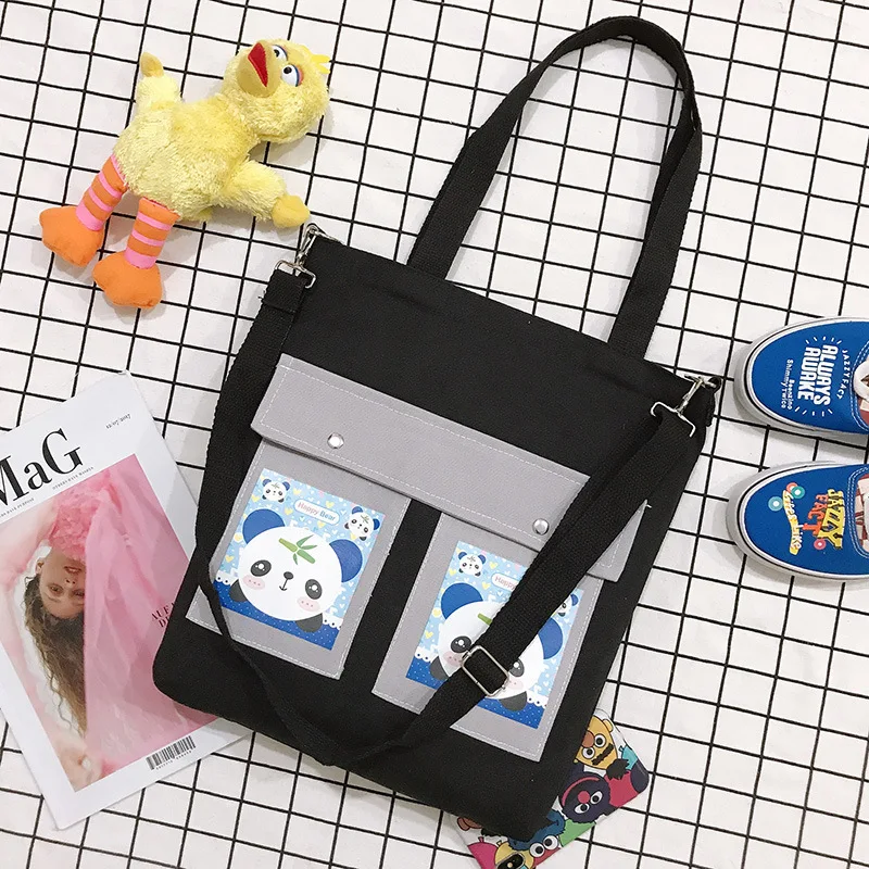Женская Парусиновая Сумка-тоут, Женская Повседневная сумка на плечо с цветочным принтом, складные сумки для покупок, пляжная сумка, женская сумка из хлопковой ткани - Цвет: black panda