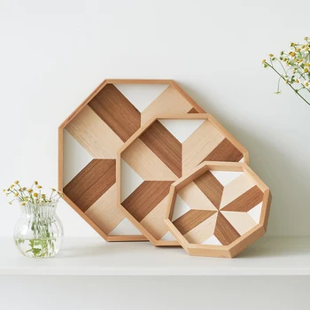 

DUNXDECO Wood Tray Dinner Tray Key Accessories Cup Holder Desk Accessoreis Modern 3D Geometric Hexagonal Container Home Decorate