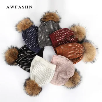 

2019 new quality winter ladies raccoon fur pompom knit hat ladies warm casual hat fashion female soft hooded hat outdoor skiing