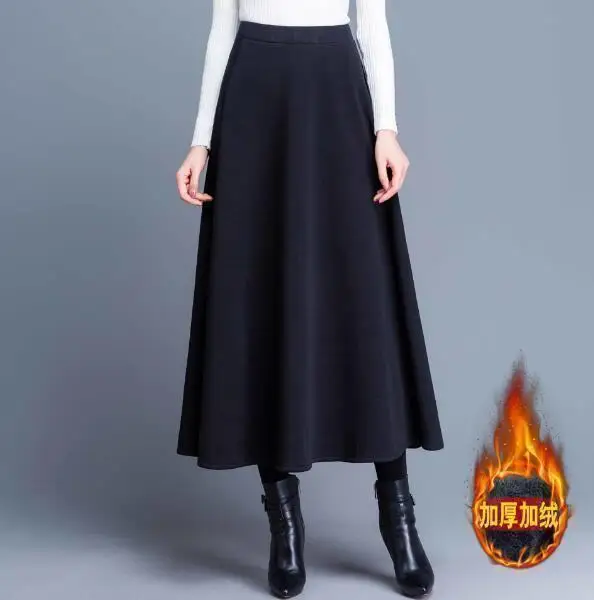velvet black 86cm Осень зима женская тонкая плиссированная шерстяная юбка для женщин плюс бархат Толстая Теплая эластичная высокая талия карман Макси шерстяные юбки O839 - Цвет: velvet black 86cm